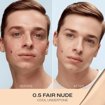 Mężczyzna przed i po użyciu podkładu Lumene Blur 16h 0.5 Fair Nude, ukazujący wygładzoną cerę.