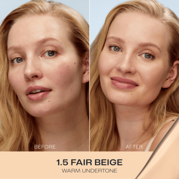 Podzielone zdjęcie: kobieta przed i po nałożeniu podkładu Lumene Blur 16h 1.5 Fair Beige, ukazujące wygładzenie cery.