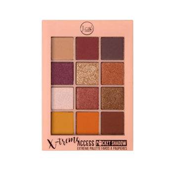 J.Cat Beauty X-treme Access Pocket Shadow, paleta 12 ciepłych cieni mat/błysk na brzoskwiniowym kartoniku.