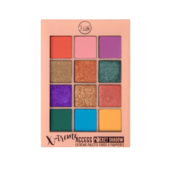 Paleta J.Cat Beauty X-treme Access Pocket Shadow, 12 cieni w ciepłej tonacji (mat i błysk), widok z przodu.