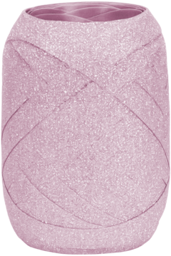 Jasnoróżowa brokatowa wstążka ozdobna, ciasno zwinięta w walec, widok z przodu. Wyraźna błyszcząca tekstura.