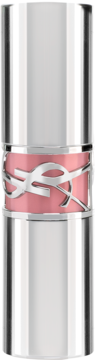 Yves Saint Laurent Love Shine, błyszcząca pomadka Nude Lavalliere, srebrne opakowanie z różowym logo YSL, widok z przodu.