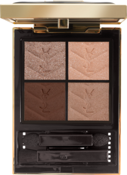 Otwarta złota paleta cieni YSL Couture Mini Clutch: 4 beżowo-brązowe cienie (matowe i błyszczące), z aplikatorami.
