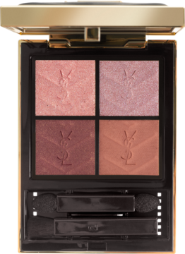 Paleta YSL Couture Mini Clutch 400 Babylone Roses: cztery cienie (róż, fiolet, brąz, terakota) z aplikatorem w złotym etui.