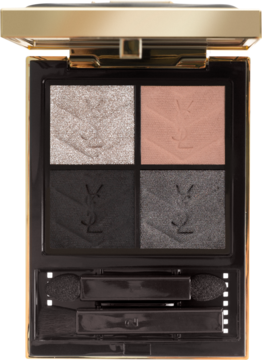 Otwarta złota paleta YSL Couture Mini Clutch 700 Over Noir: 4 intensywne cienie (perłowy, brzoskwiniowy, 2 grafitowe) z aplikatorami. Widok z góry.