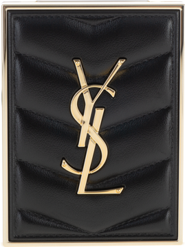 Paleta cieni YSL Couture Mini Clutch 800: czarna, pikowana, ze złotym logo YSL i ramką, widok z przodu.