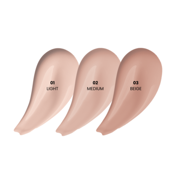 Próbki kremu BB AA LAAB Lumi-Glow SPF 30 w odcieniach Light, Medium, Beige. Gładkie smugi na białym tle.