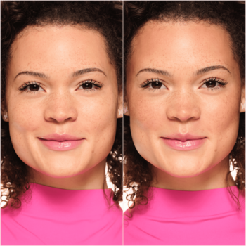 Dzielone zdjęcie kobiety: przed i po użyciu bronzera Essence Baby Got Bronze, ukazujące naturalny, świetlisty blask skóry.