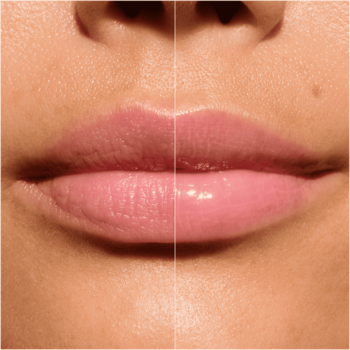 Usta przed i po użyciu Catrice Butter Drippin' Glossy Lip Balm 010: nawilżone, różowe, z połyskiem.