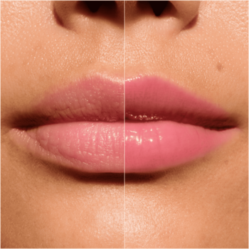 Catrice Butter Drippin' Glossy Lip Balm 030, usta: przed i po aplikacji, nawilżone i błyszczące różowym odcieniem.