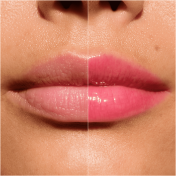 Catrice Butter Drippin' Glossy Lip Balm 050 na ustach: lewa strona naturalne, prawa z kuszącym połyskiem i kolorem.
