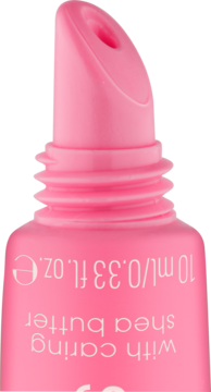 Zbliżenie na różowy aplikator balsamu Essence Super Peptide Glossy z widocznym tekstem "shea butter" na tubce.