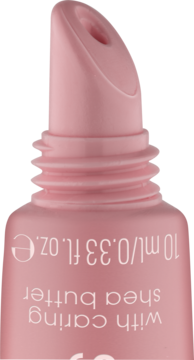 Zbliżenie na różowy aplikator i gwint tubki Essence The Super Peptide Glossy Lip Treatment z masłem shea.