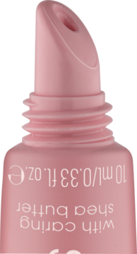 Zbliżenie na różowy aplikator i gwint tubki Essence The Super Peptide Glossy Lip Treatment z masłem shea.