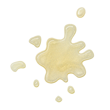 Rozbryzg błyszczyka Essence Juicy Bomb Mellow Mango, złocisto-żółta, błyszcząca plama z kroplami na czarnym tle.