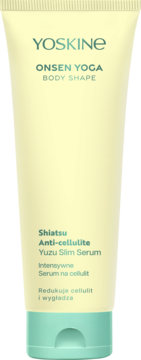 YOSKINE Onsen Yoga Shiatsu Anti-cellulite Yuzu Slim Serum w jasnożółtej tubce, widok z przodu, wygładza skórę.