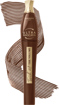 BOURJOIS Twist up the Volume Ultra Tusz do rzęs 002 Ultra Brown, brązowa tubka, widok z przodu, otoczony smugami.