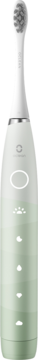 Zielona szczoteczka soniczna Oclean Flow S, przód, z białą główką, przyciskiem i wskaźnikami LED.