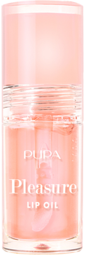 PUPA Pleasure Lip Oil, luksusowy olejek do ust w przezroczystej butelce z różowym płynem, widok z przodu.