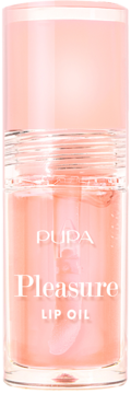 PUPA Pleasure Lip Oil, luksusowy olejek do ust w przezroczystej butelce z różowym płynem, widok z przodu.