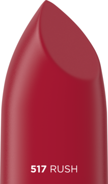 Zbliżenie na sztyft czerwonej, matowej pomadki Eveline Celebrity Lips 517 Rush z widocznym numerem i nazwą.