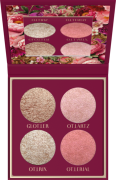 Otwarta, burgundowa paleta Stars Otternity ShockLighter. Cztery prasowane, kremowe toppery do powiek w odcieniach złota i różu.