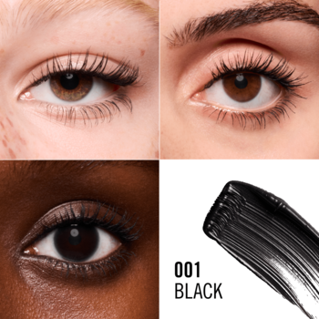 Rimmel Thrill Seeker Mega Lift czarny tusz: 3 zdjęcia oczu z podkręconymi rzęsami i czarny swatch tuszu.