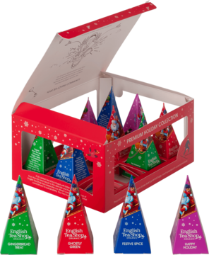 Otwarty zestaw herbat English Tea Store Premium Holiday Collection w czerwonym pudełku, z kolorowymi piramidkami herbaty z postaciami świątecznymi.