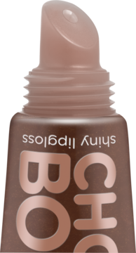 Zbliżenie na brązowy błyszczyk essence CHOCO BOMB shiny lipgloss, z beżowym aplikatorem i gwintem tubki.