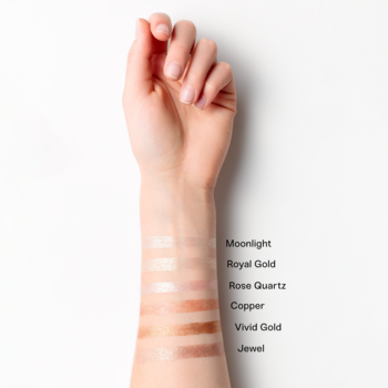 Swatche 6 brokatowych cieni w kredce Everybody London Shimmer Pen na ręce, od Moonlight po Jewel.