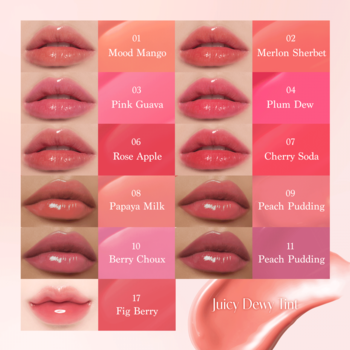 Dasique Juicy Dewy lip gloss swatch chart, 11 shades on lips, glossy finish, including Melon Sherbet.