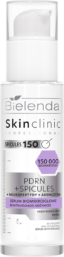 Bielenda Skin Clinic Professional rewitalizująco-odżywcze serum PDRN+Spicules, biała butelka z pompką, przód.
