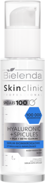 Serum Bielenda Skinclinic Hyaluronic + Spicules w białej butelce z pompką, widok z przodu, z napisem 100 000 biomikroigiel.