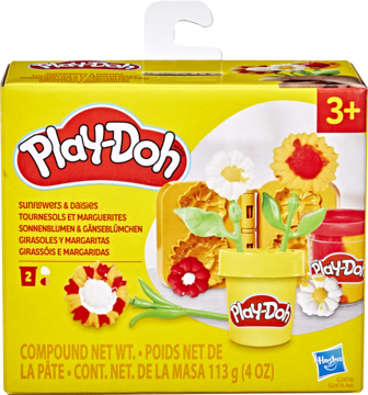Play-Doh Małe Kwiatki, zestaw do tworzenia kwiatów w żółtym pudełku, widok z przodu, z obrazkiem słoneczników i stokrotek.