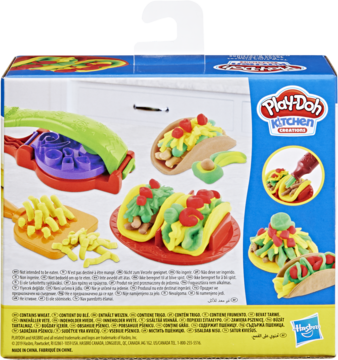 Tył opakowania Play-Doh Kitchen Creations zestaw do tacos i frytek. Widać maszynę, kolorowe tacos i ciastolinowe frytki.