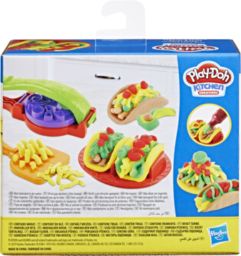Tył opakowania Play-Doh Kitchen Creations zestaw do tacos i frytek. Widać maszynę, kolorowe tacos i ciastolinowe frytki.
