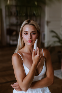 Młoda blondynka prezentuje białą indukcyjną szczoteczkę soniczną Beautifly B-Clean PRO, trzymając ją przy twarzy.