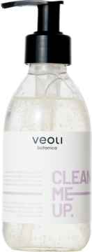 Veoli Botanica Clean Me Up, oczyszczający żel do mycia twarzy w przezroczystej butelce z czarną pompką, widok z przodu.