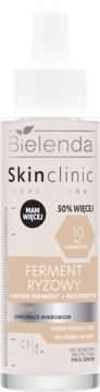Bielenda Skinclinic Ferment Ryżowy serum chroniące mikrobiom w białej butelce z kroplomierzem, widok z przodu.