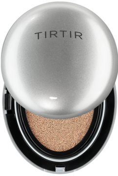 Otwarty srebrny podkład TIRTIR Mask Fit Aura Cushion Mini, odcień 35N Walnut, z widocznym beżowym cushionem, z góry.