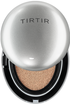 Otwarty srebrny podkład TIRTIR Mask Fit Aura Cushion Mini, odcień 35N Walnut, z widocznym beżowym cushionem, z góry.