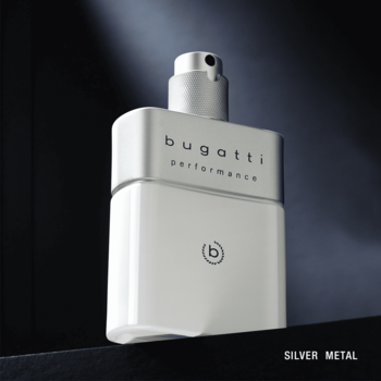 Bugatti Performance Silver Metal EDT, elegancka srebrna butelka z atomizerem na ciemnym tle, widok pod kątem.