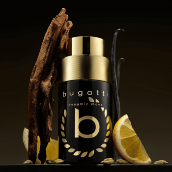 Bugatti Dynamic Move Intense, eleganckie perfumy męskie. Czarno-złota butelka otoczona cytryną, wanilią i przyprawami.