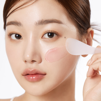 Kobieta aplikuje MEDICUBE Collagen Jelly Cream różową szpatułką na policzek. Lekki żel dla jędrnej, nawilżonej skóry.