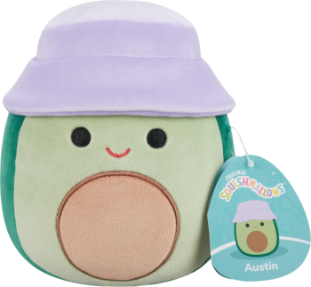 Jasnozielony pluszak Squishmallows Austin awokado w fioletowym kapeluszu, z brązowym brzuchem, widok z przodu.