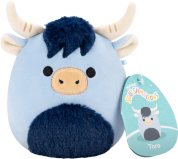 Squishmallows Toro, pluszowy niebieski yak z beżowymi rożkami i puszystą grzywą, widok z przodu.