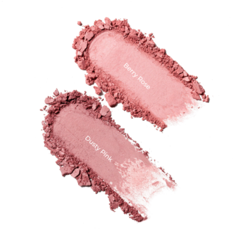 Dwa swatche wypiekanego różu Dusty Pink i Berry Rose, z lśniącym wykończeniem, na białym tle, widok z góry.