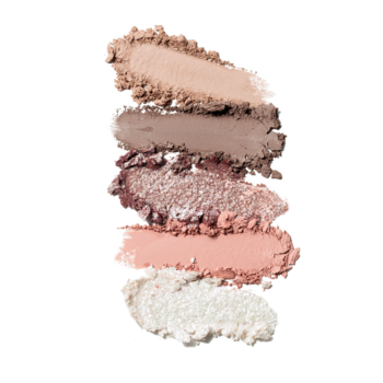Frosted Glam paleta cieni: 5 próbek, od chłodnego beżu przez brokatowy róż po perłową biel, z góry.