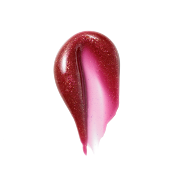 Błyszczący, peptydowy tint do ust Mulled Wine: bordowa smuga z złotymi drobinkami i gradientem na bia. tle.