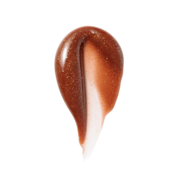 Zbliżenie na brązowy, połyskujący peptydowy tint do ust Ginger Glow ze złotymi drobinkami, na białym tle.